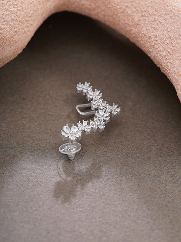 Rhodium Plated Crystal Blossom Vine Ear Cuff