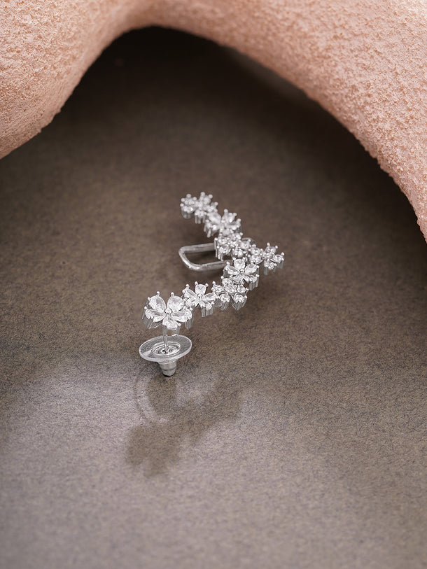 Rhodium Plated Crystal Blossom Vine Ear Cuff