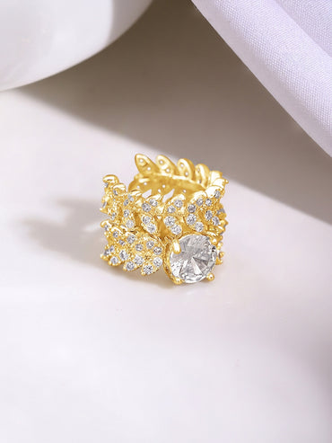 Gold Plated Crystal Leaf Vine Statement Cuff Earrings