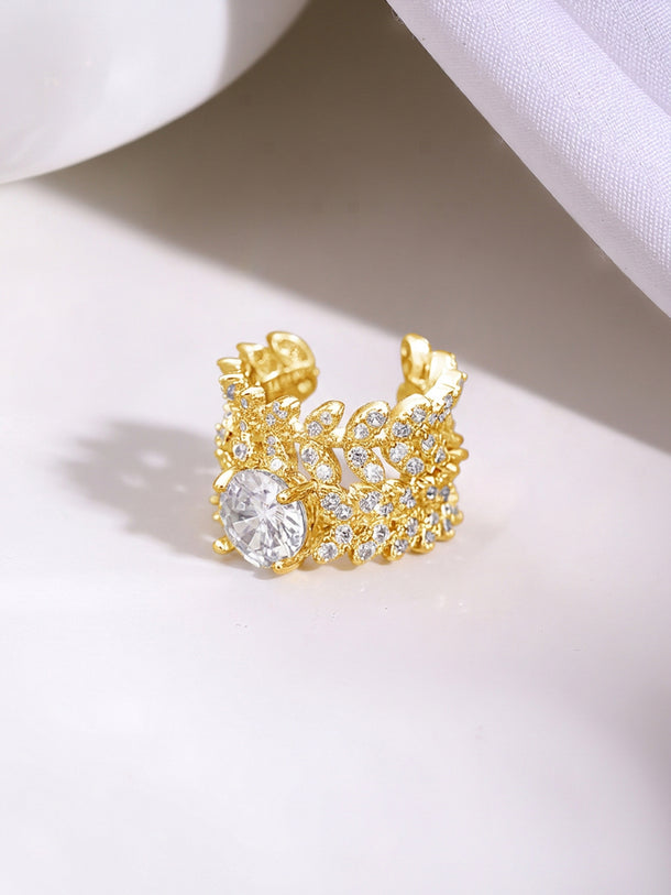Gold Plated Crystal Leaf Vine Statement Cuff Earrings