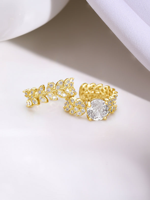 Gold Plated Crystal Leaf Vine Statement Cuff Earrings