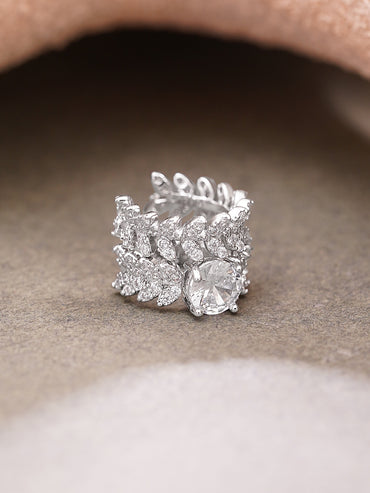 Rhodium Plated Crystal Leaf Vine Statement Cuff Earrings