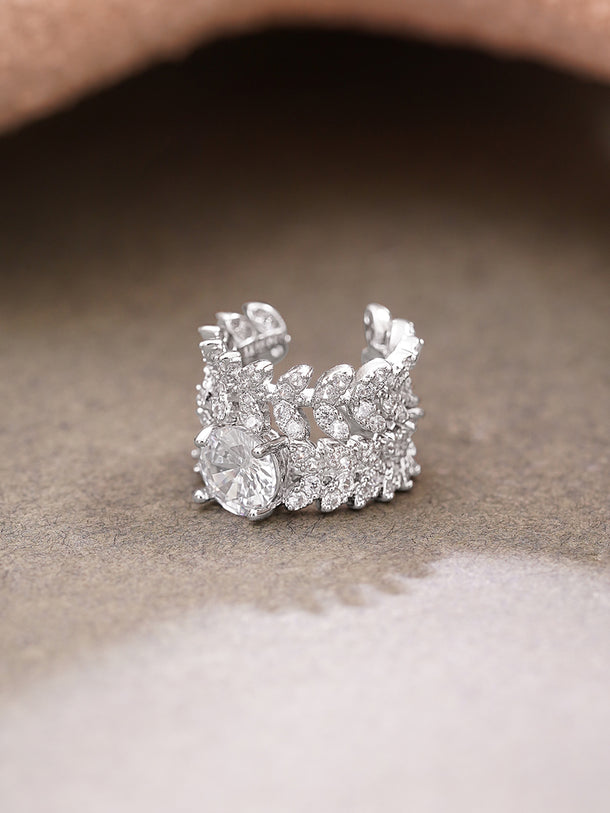 Rhodium Plated Crystal Leaf Vine Statement Cuff Earrings