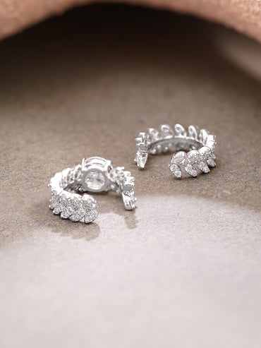 Rhodium Plated Crystal Leaf Vine Statement Cuff Earrings