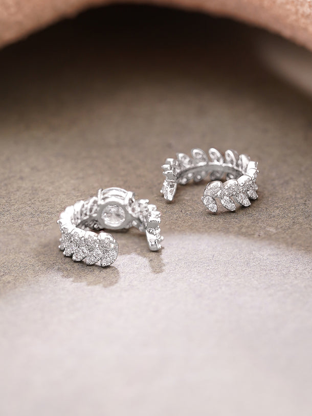 Rhodium Plated Crystal Leaf Vine Statement Cuff Earrings
