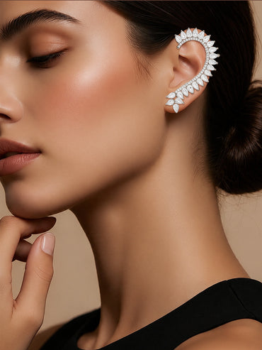 Rhodium Plated Crystal Vine Ear Cuff Earrings