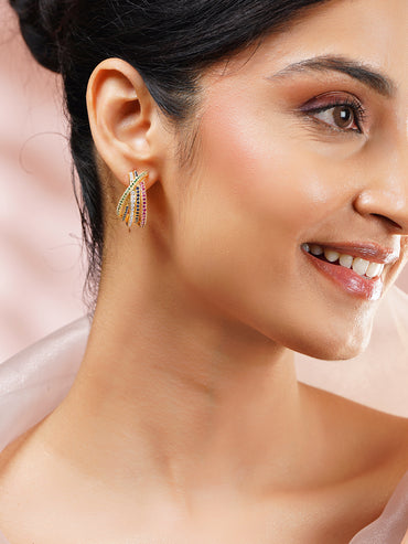 Gold Plated Zirconia Crossover Hoop Earrings