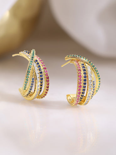 Gold Plated Zirconia Crossover Hoop Earrings