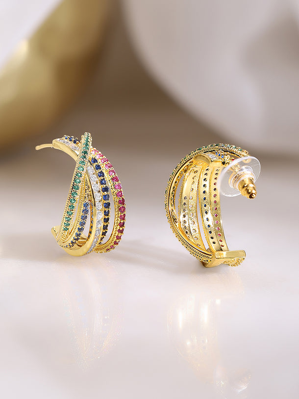 Gold Plated Zirconia Crossover Hoop Earrings
