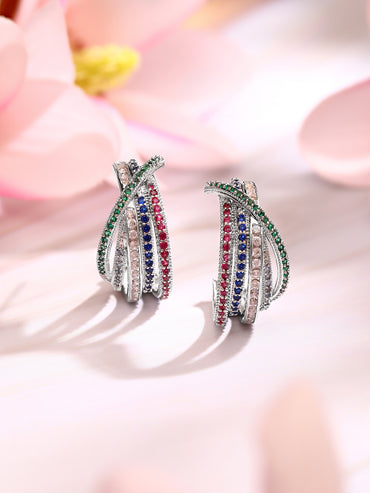 Rhodium Plated Zirconia Crossover Hoop Earrings