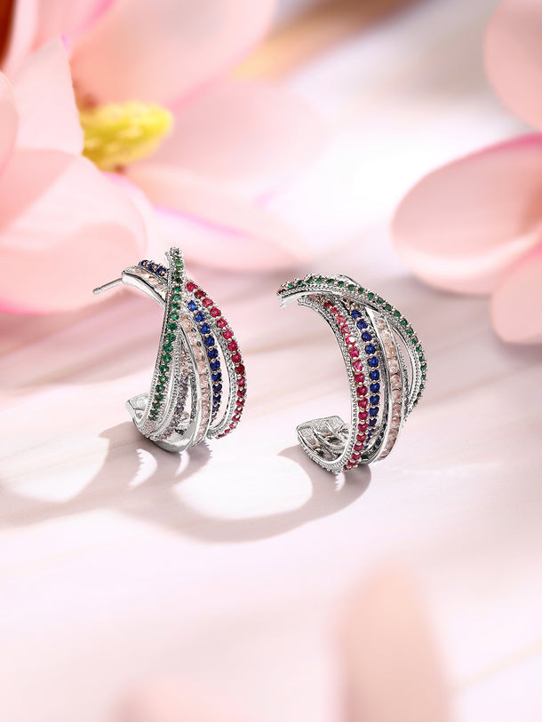 Rhodium Plated Zirconia Crossover Hoop Earrings