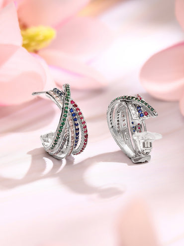 Rhodium Plated Zirconia Crossover Hoop Earrings