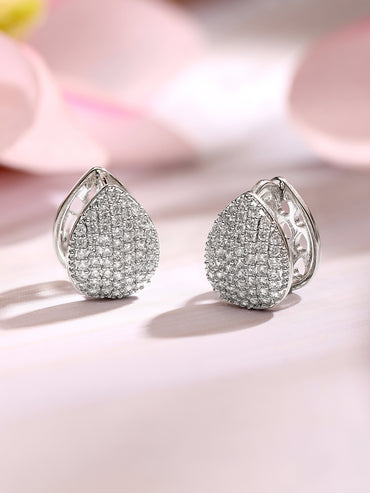 Rhodium Plated American Diamond Zirconia Teardrop Hoop Earrings