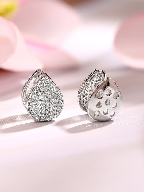 Rhodium Plated American Diamond Zirconia Teardrop Hoop Earrings
