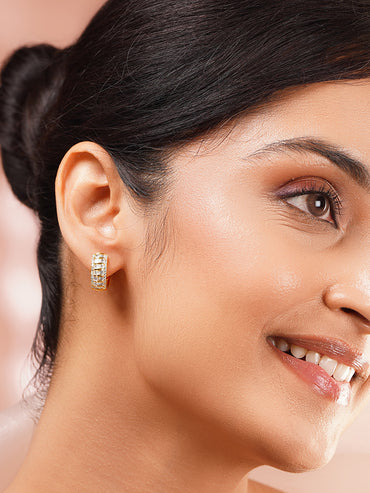 Gold Plated American Diamond Zirconia Vertical Baguette Hoop Earrings
