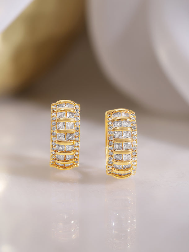 Gold Plated American Diamond Zirconia Vertical Baguette Hoop Earrings