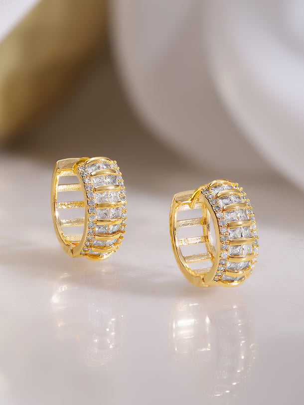 Gold Plated American Diamond Zirconia Vertical Baguette Hoop Earrings