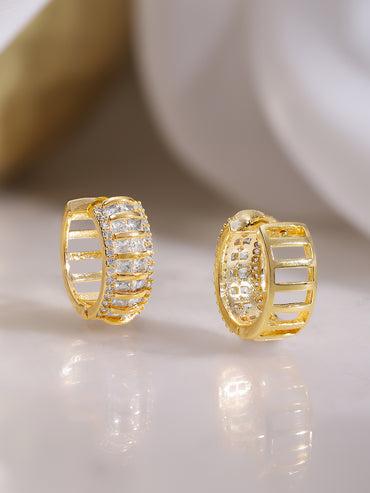 Gold Plated American Diamond Zirconia Vertical Baguette Hoop Earrings