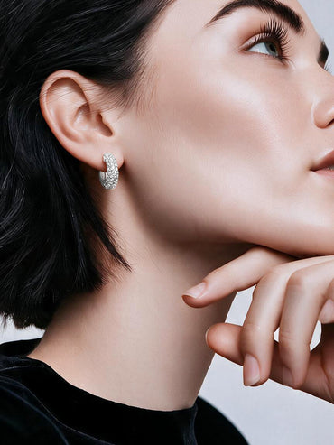 Rhodium Plated C-shaped cubic zirconia half-hoop earring