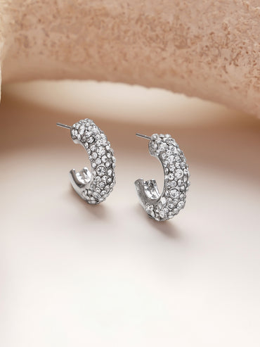Rhodium Plated C-shaped cubic zirconia half-hoop earring