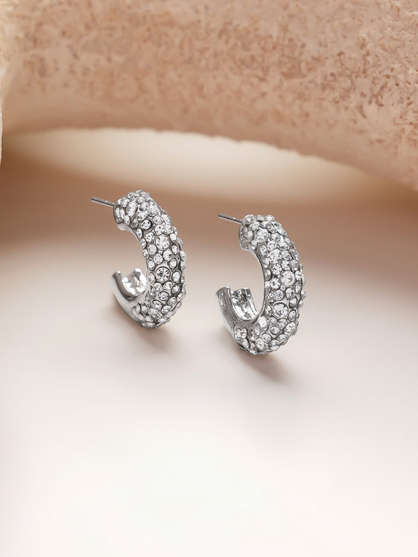 Rhodium Plated C-shaped cubic zirconia half-hoop earring