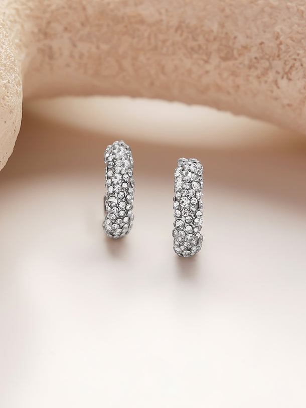 Rhodium Plated C-shaped cubic zirconia half-hoop earring