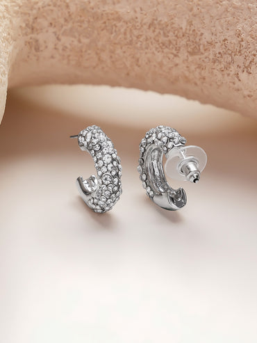 Rhodium Plated C-shaped cubic zirconia half-hoop earring