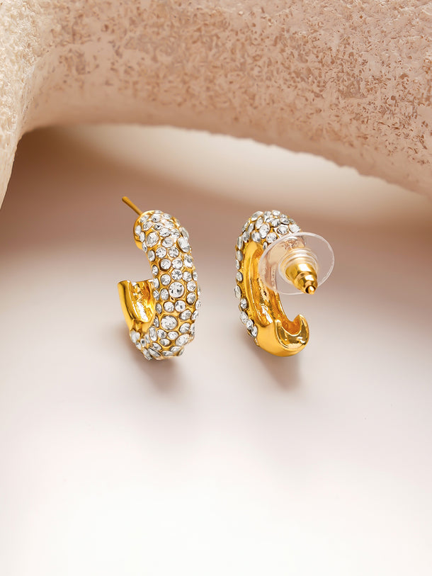 Gold plated brass cubic zirconia half-hoop earrings