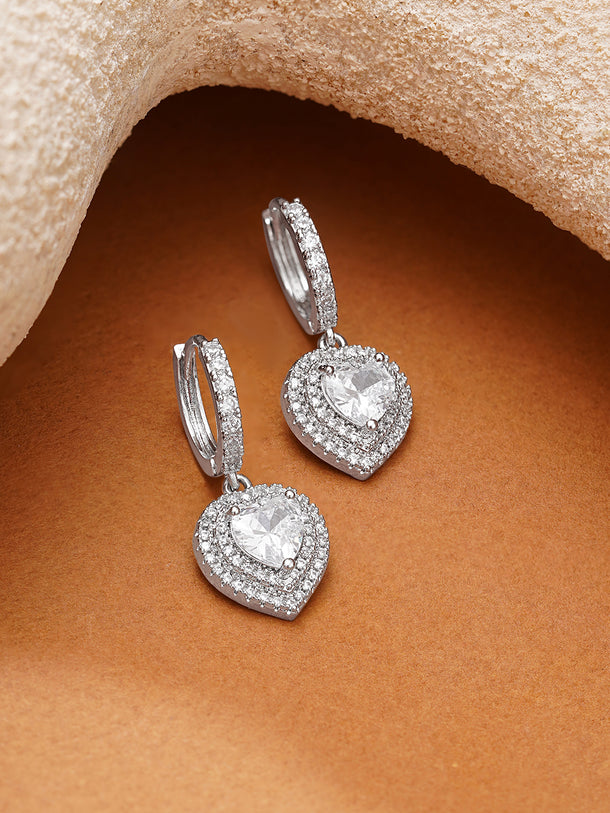 Rhodium Plated American Diamond Zirconia Heart drop Hoop Earrings