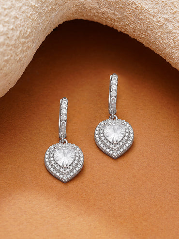 Rhodium Plated American Diamond Zirconia Heart drop Hoop Earrings