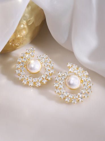 Gold Plated Crescent Bloom Pearl Stud Earrings