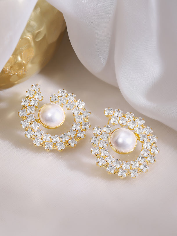 Gold Plated Crescent Bloom Pearl Stud Earrings