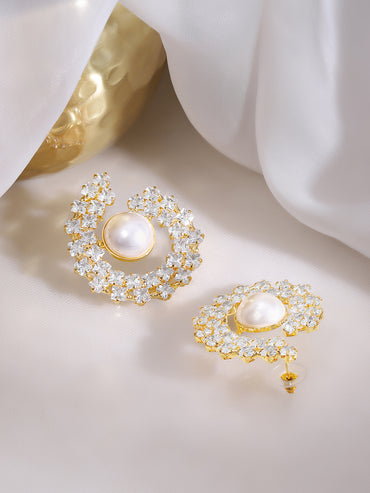 Gold Plated Crescent Bloom Pearl Stud Earrings