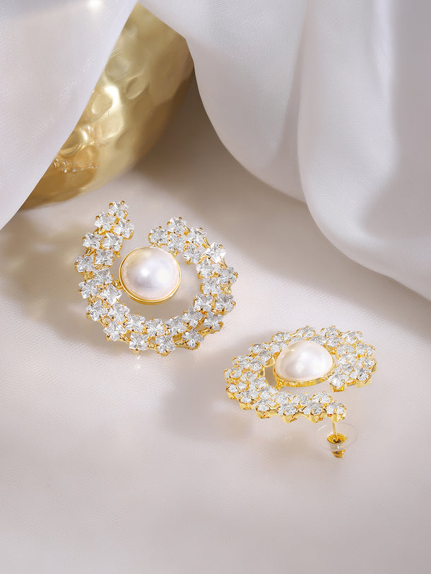 Gold Plated Crescent Bloom Pearl Stud Earrings