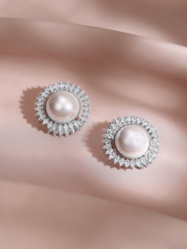 Rhodium Plated Sunburst Radiance Pearl Stud Earrings