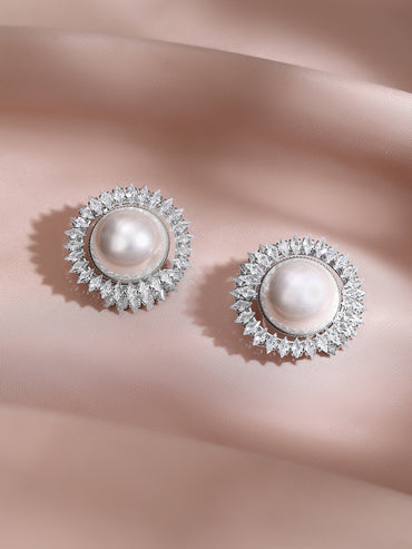 Rhodium Plated Sunburst Radiance Pearl Stud Earrings