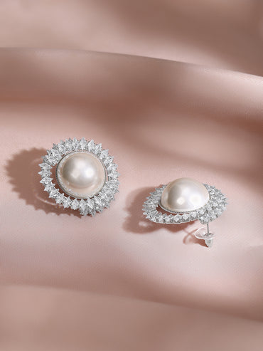 Rhodium Plated Sunburst Radiance Pearl Stud Earrings