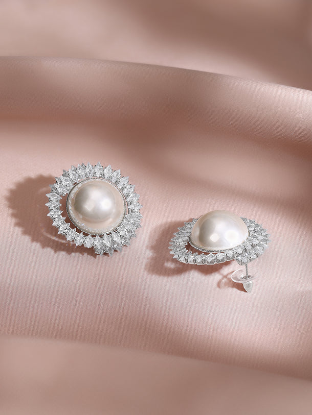 Rhodium Plated Sunburst Radiance Pearl Stud Earrings