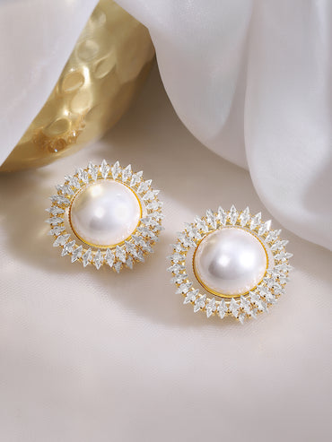 Gold Plated Sunburst Radiance Pearl Stud Earrings