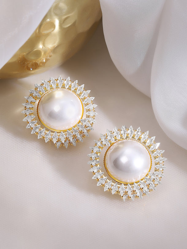 Gold Plated Sunburst Radiance Pearl Stud Earrings