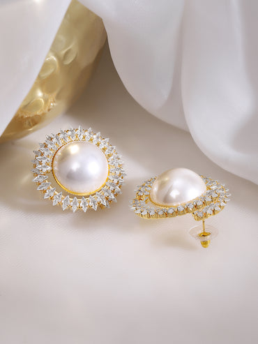 Gold Plated Sunburst Radiance Pearl Stud Earrings