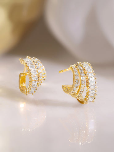 Gold Plated American Diamond Zirconia Leaf Design Hoop Earrings