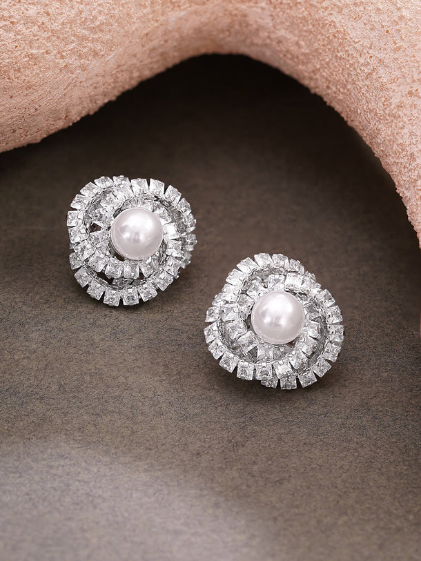 Rhodium Plated Pearl Halo Spiral Stud Earrings