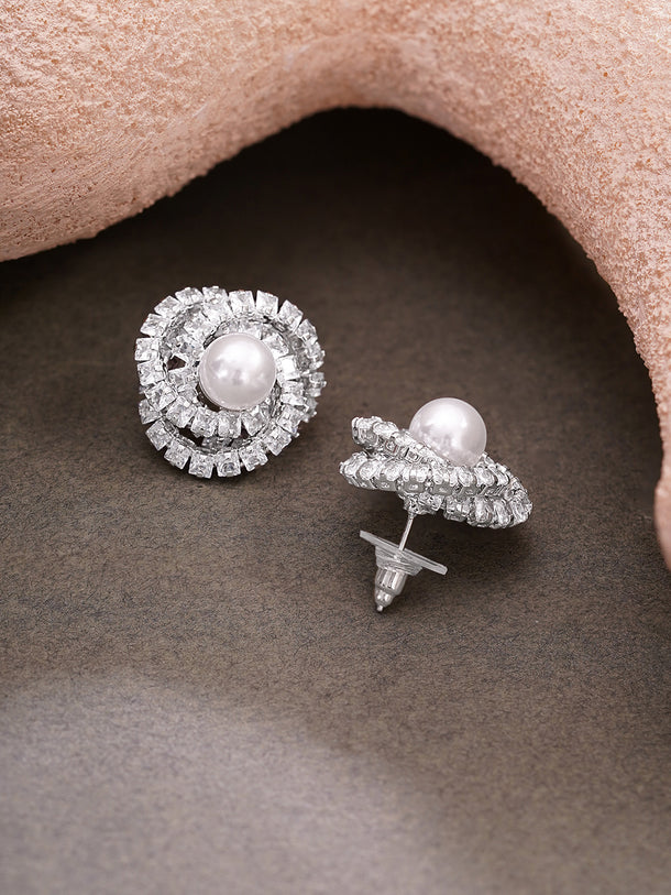 Rhodium Plated Pearl Halo Spiral Stud Earrings