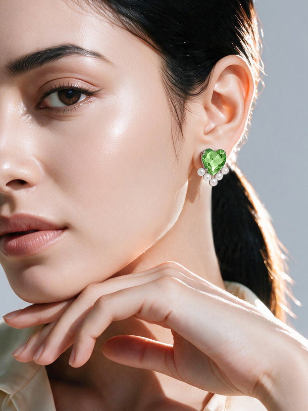 Rhodium Plated green heart crystal stud earrings