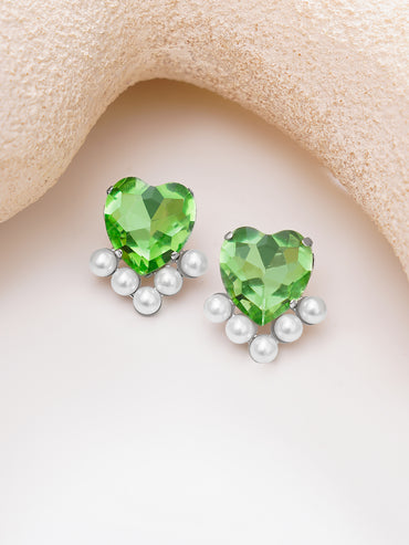 Rhodium Plated green heart crystal stud earrings