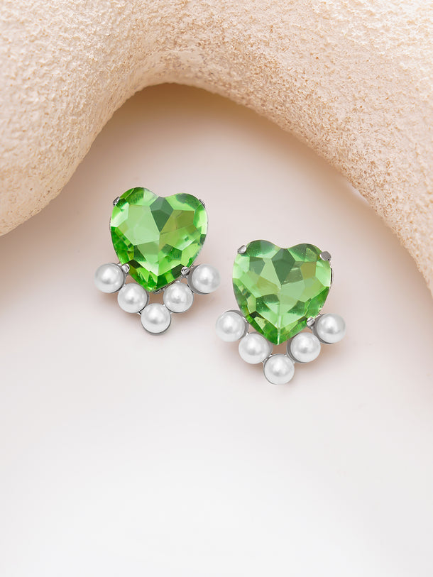 Rhodium Plated green heart crystal stud earrings