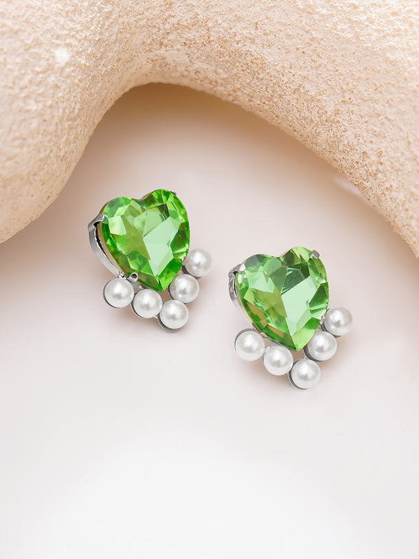 Rhodium Plated green heart crystal stud earrings