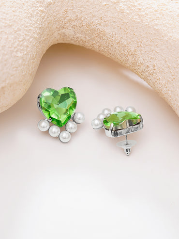 Rhodium Plated green heart crystal stud earrings