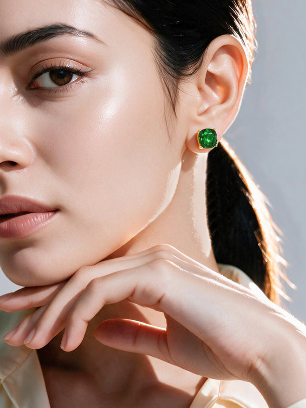 Gold Plated emerald green cushion-cut stud earrings